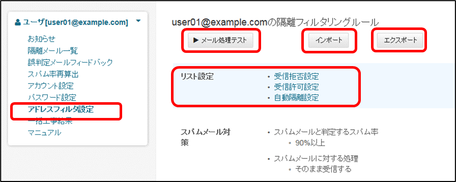 フィルタリングルール画面：各機能と設定項目の図