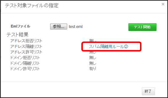 メール処理テスト：テスト結果画面の図