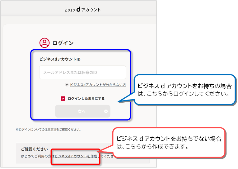手順１）の図：ビジネスｄアカウントのログイン画面